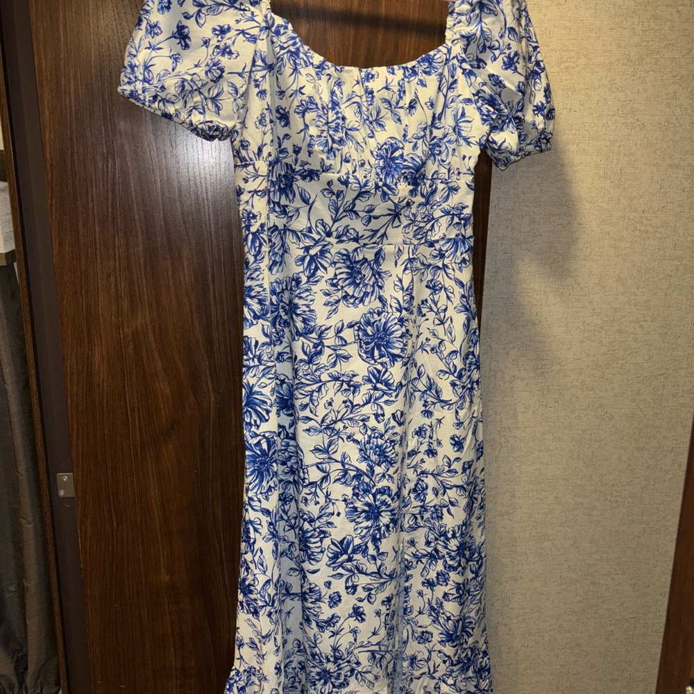 Linen blue and white floral dress